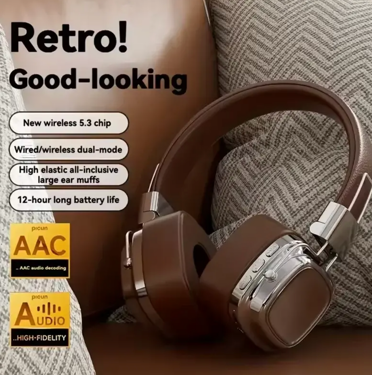 Retro Wireless Bluetooth Headphones – Vintage Over-Ear Stereo Headset with Deep Bass