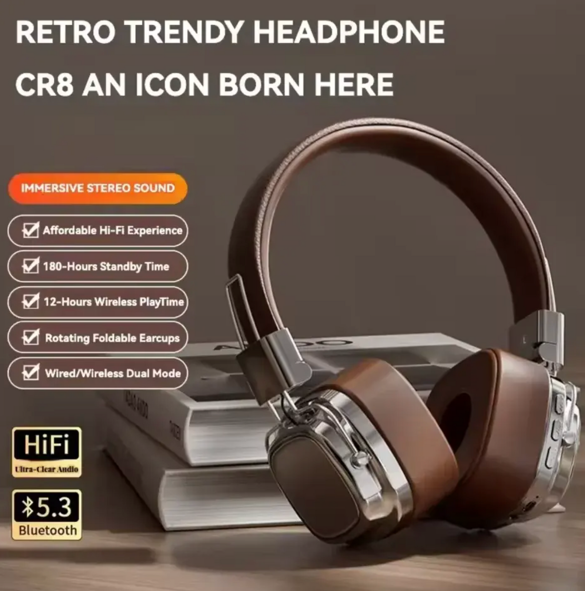 Retro Wireless Bluetooth Headphones – Vintage Over-Ear Stereo Headset with Deep Bass
