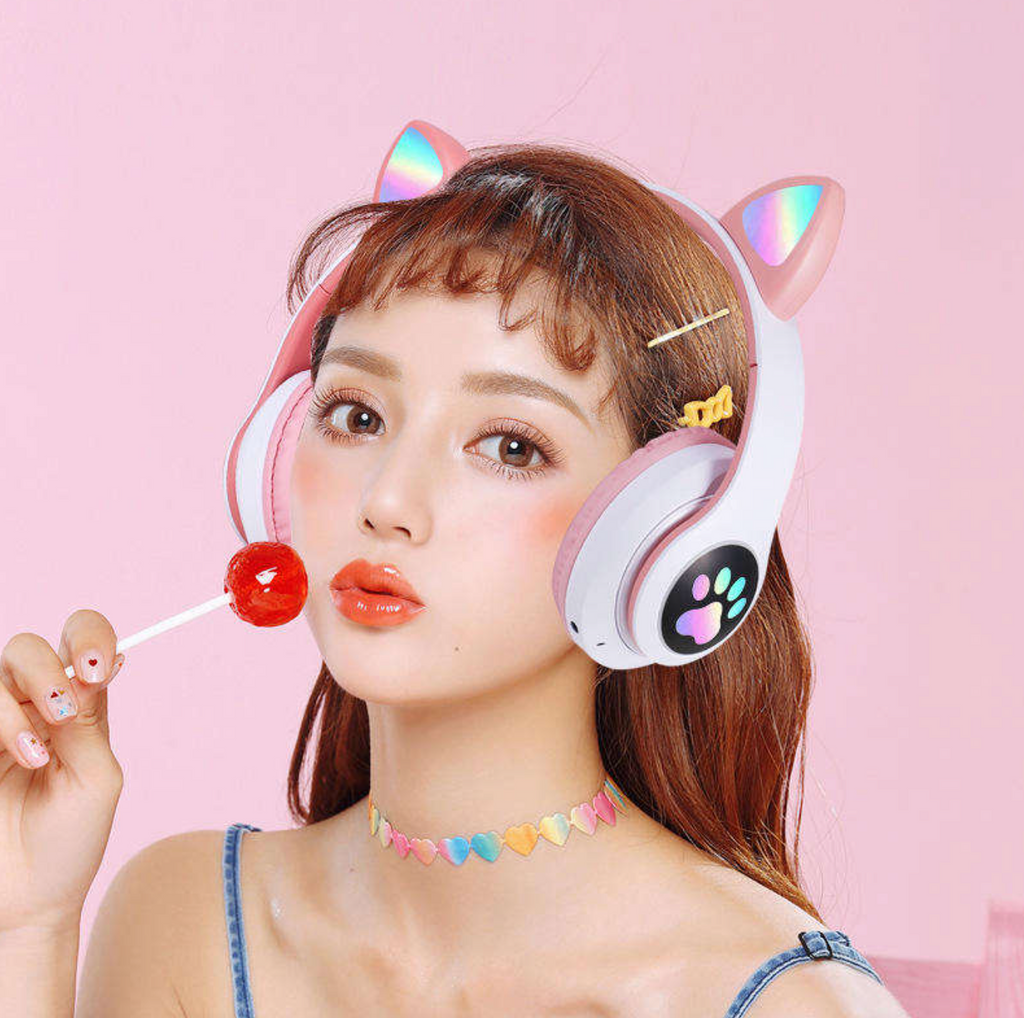 STN28 Cat Ear Wireless Bluetooth Headphones – Cute LED Over-Ear Headset with Mic